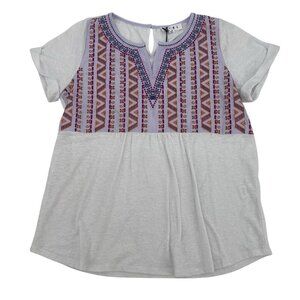 THML Size M White Purple Blue Embroidered BOHO Cuffed Sleeve Top Knit NWT